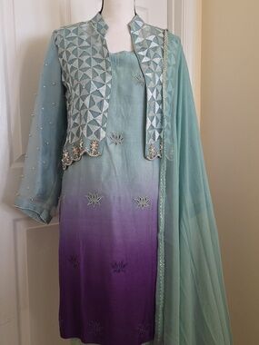 MOIRE Designer Pakistani 4pc Kurta Jacket Pants Shawl Outfit MEDIUM Ombre